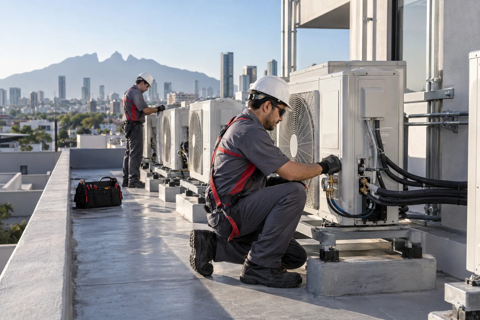 Técnicos trabajando en equipos de climatización comerciales